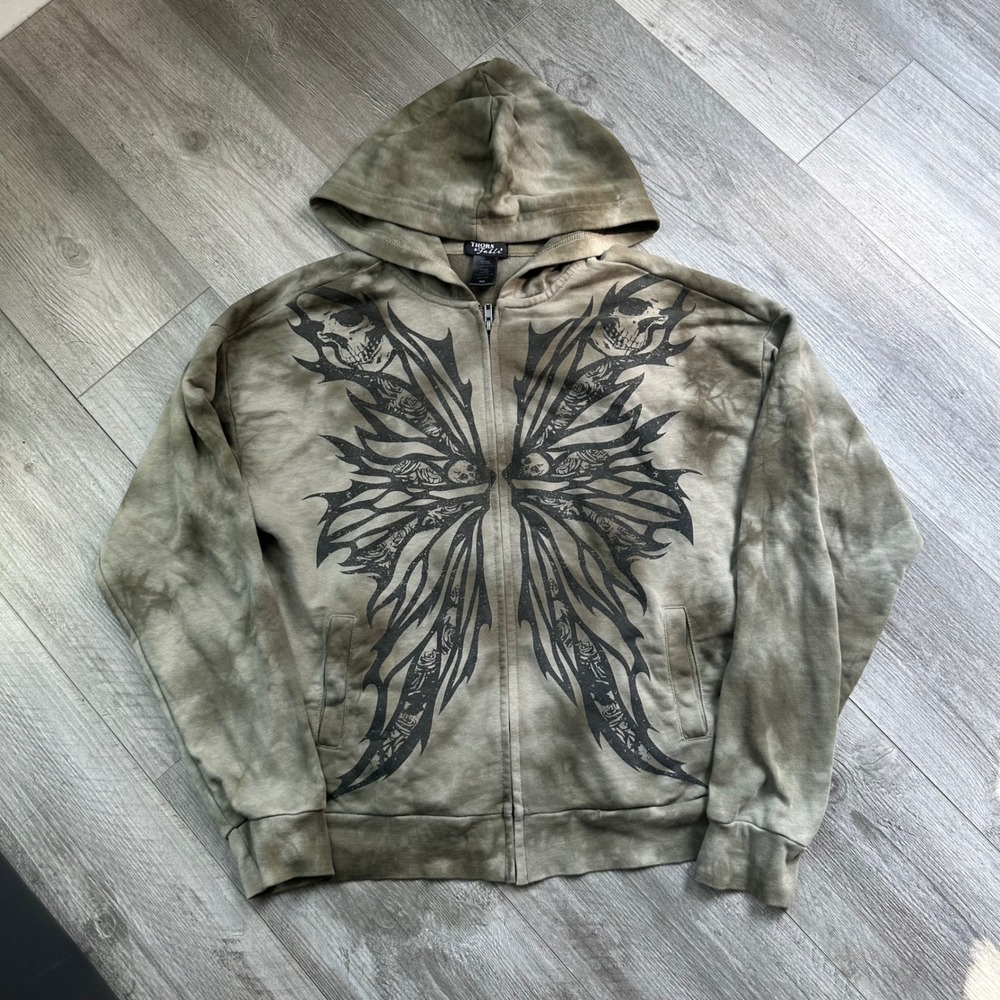 Y2K grunge Thorn & Fable Zip Hoodie SM womens Olive Skull Wings acid wash